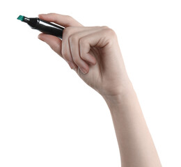 Woman with color marker on white background, closeup