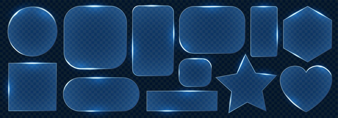 Glass plate frame transparent set, different glass showcase shapes with bright neon light edges, realistic window mockup in rectangle frame, glass texture with luminous glares and reflective light