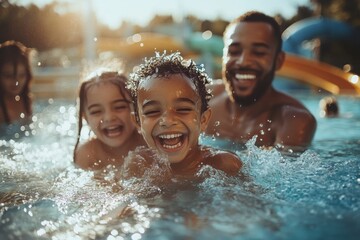 A close-up of a happy family  enjoying the pool area at a water park. 