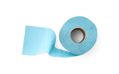 Light blue toilet paper roll isolated on white, top view