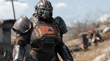 Obraz premium An adventurer in a combat-ready time suit prepares to enter a post-apocalyptic world dominated by robotic creatures