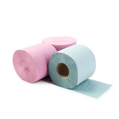 Colorful toilet paper rolls isolated on white