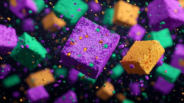 Colorful 3D cubes in vibrant hues of purple, green, and orange float against a dark backdrop, creating a dynamic and playful visual experience.