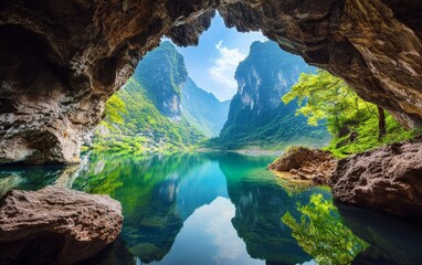 Majestic cave view reveals serene lake surrounded by lush green mountains on a sunny day