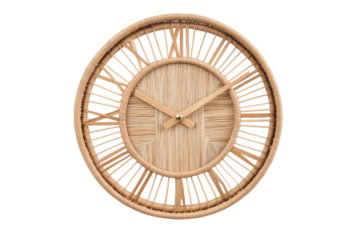 Stylish wooden wall clock design. A beautifully crafted rattan wall clock featuring an open-weave design, Roman numerals, and natural tones, perfect for bohemian or rustic home decor.