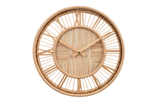 Stylish wooden wall clock design. A beautifully crafted rattan wall clock featuring an open-weave design, Roman numerals, and natural tones, perfect for bohemian or rustic home decor.