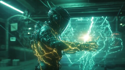 An adventurer in a futuristic time travel suit emerges from a jungle