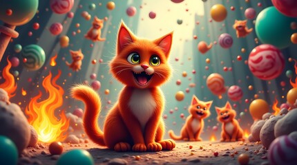 Fototapeta premium Illustration of a fairy tale with three red cats, fire and balloons. Children's drawing with cats.