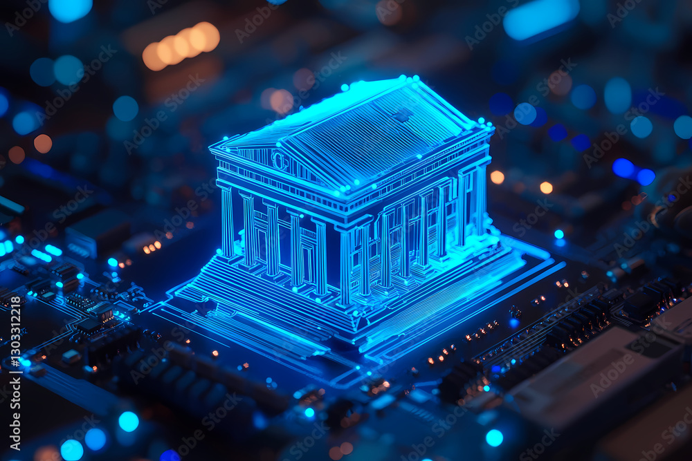 Poster digital temple: a luminous digital rendering of a classical temple, a fusion of ancient architecture