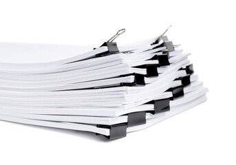 Binder clips with sheets of paper isolated on white