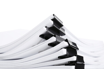 Binder clips with sheets of paper isolated on white