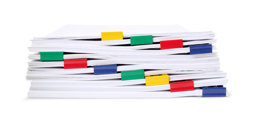 Colorful binder clips with sheets of paper isolated on white