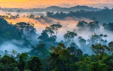 Misty sunrise over a lush rainforest in the early morning light