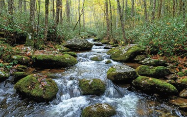 Beautiful forest stream flows over moss-covered rocks in autumn landscape surrounded by vibrant foliage