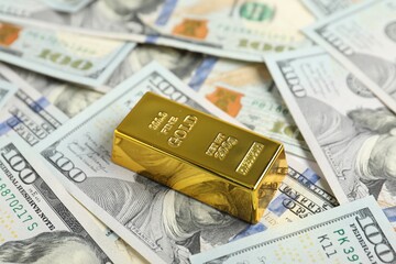 One shiny gold bar on dollar banknotes, closeup