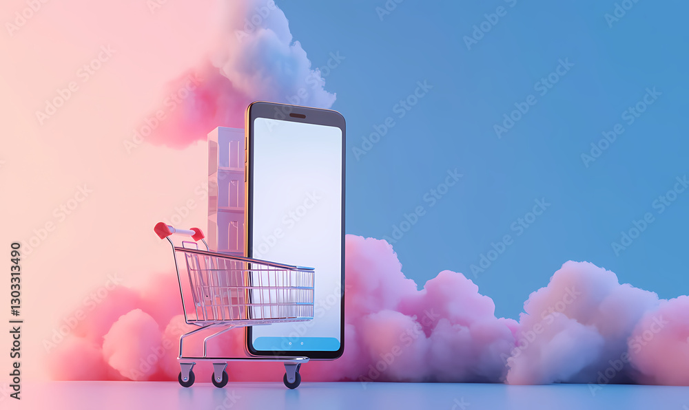 Poster digital shopping fantasy: a vibrant visual concept of a shopping cart in front of a smart phone and 