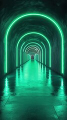 Mysterious green tunnel illuminated with neon lights in a modern underground space