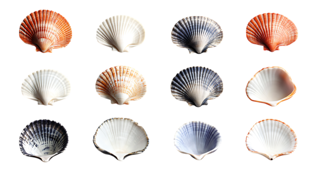 Collection of various colored scallop shells.
