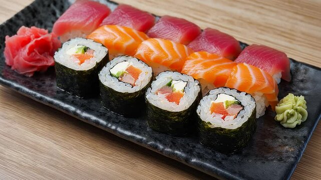 Fresh Sushi on Wooden Table