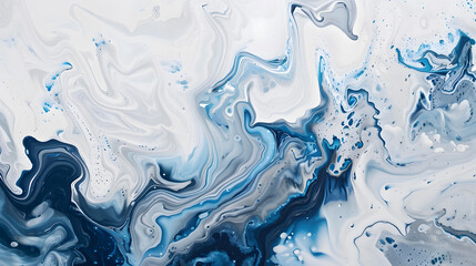 Fototapeta premium Abstract blue and white painting in marbling art style, featuring elegant fluid shapes and intricate swirling patterns.