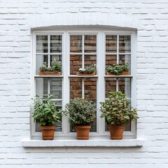 Window Box Plants on White Brick Wall