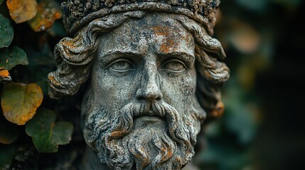 statue of mythologic god with a crown in the forest on a black background
