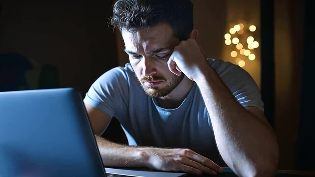 A man hunched over his laptop in the dark, illuminated by the flickering light of gambling sites, with poker chips and empty beer cans strewn around him.