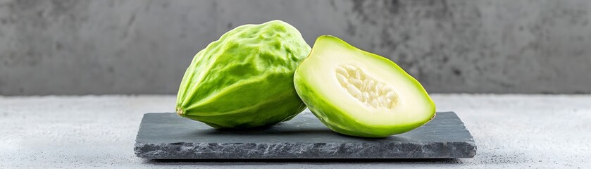 Fresh Green Chayote Squash Sliced in Half on Black Slate with Textured Grey Background