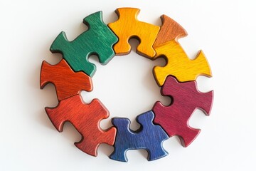 Colorful puzzle pieces forming a circle on white background