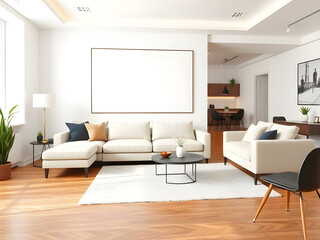 modern living room interior, minimalistic design with sofa and table