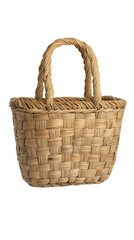 Obraz premium Stylish woven basket for everyday use. A beautifully crafted handwoven wicker basket bag featuring a sturdy structure and twisted handles, perfect for shopping, picnics, or bohemian-style fashion.