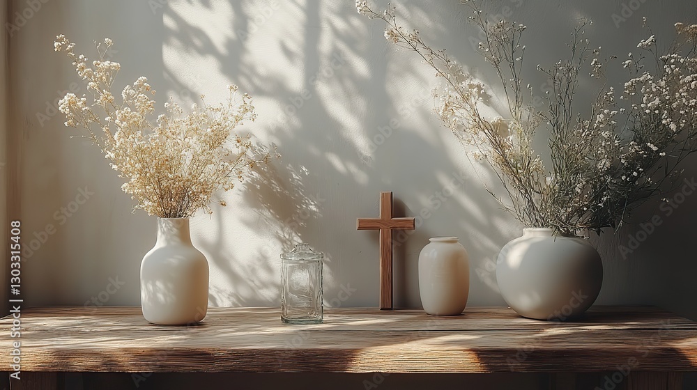 Poster table with cross and glass vase objects brushes