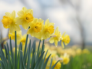 Fototapeta premium Yellow daffodils in spring, Vibrant Yellow Daffodils In Bloom With Soft Background