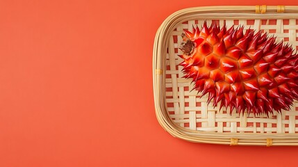 Unique Red Pineapple on Woven Basket against Bright Orange Background for Vibrant Food Presentation