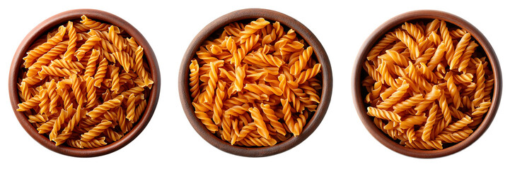 Set of piled raw pasta in clay pots, isolated on transparent background, top view. PNG