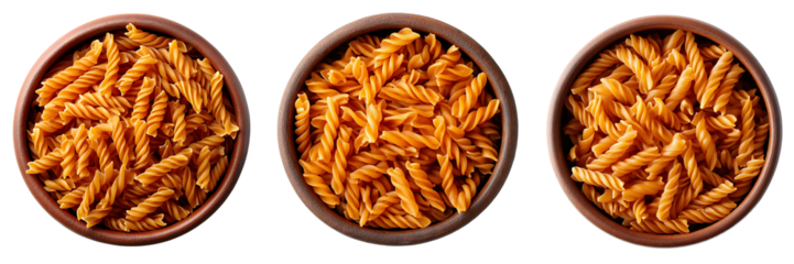 Set of piled raw pasta in clay pots, isolated on transparent background, top view. PNG