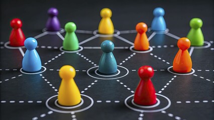 Obraz premium A conceptual board game layout on a dark surface, featuring colorful game pieces connected by dotted lines, symbolizing teamwork