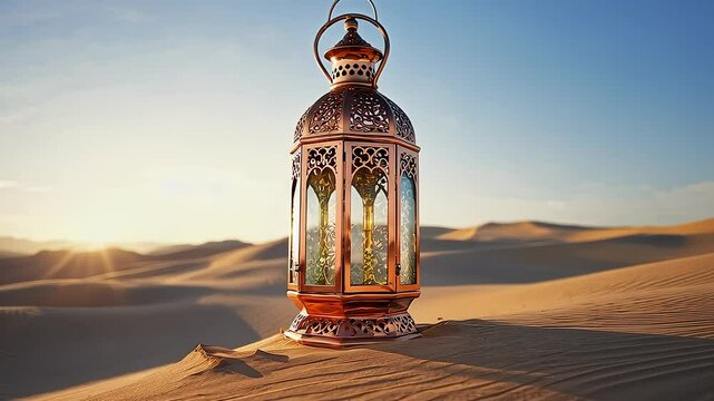 Glowing Islamic Lantern in Desert
