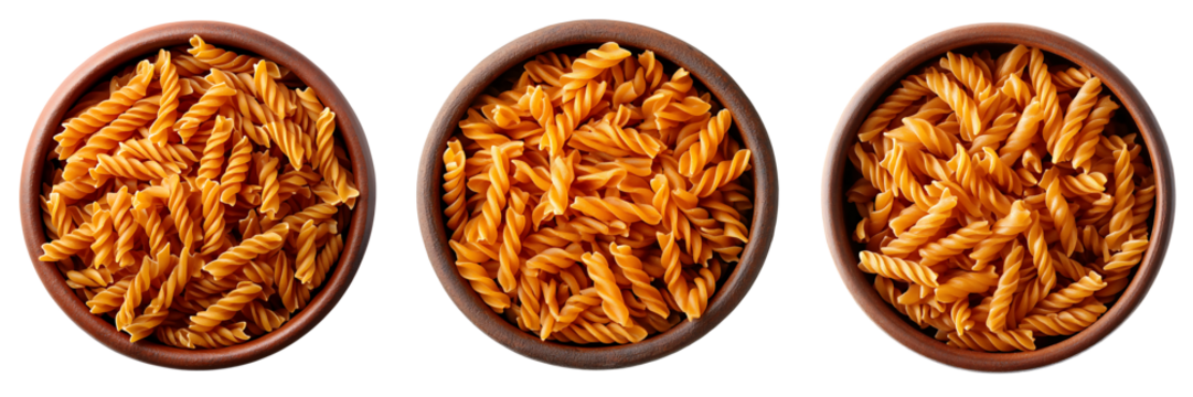 Set of piled raw pasta in clay pots, isolated on transparent background, top view. PNG - Powered by Adobe