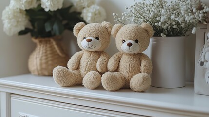 Fototapeta premium teddy bears on white chest of drawers interior design concept