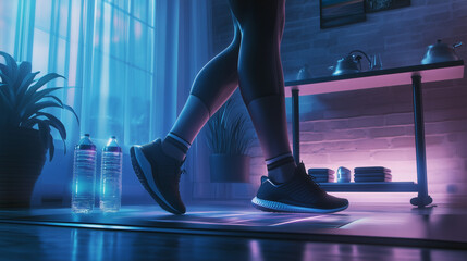 Dynamic Indoor Workout Scene with Neon Lighting and Water Bottles