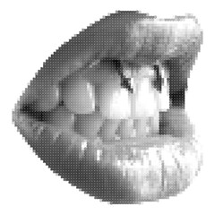 Naklejka premium Halftone lips. Female lip with tongue and piercing. Trendy png pieces. Modern forms for card, print on clothes. Creative collage. 