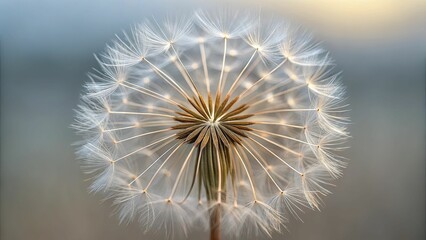 Fototapeta premium A macro photograph of a dandelion seed head, with delicate seeds about to disperse, on a softly blurred background
