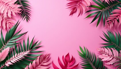 pink-background-tropical-leaves-palm-leaves-floral-frame