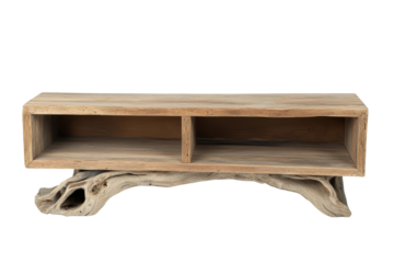 Stylish wooden furniture with a unique design. A handcrafted wooden console table featuring a raw driftwood base and open storage compartments. Perfect for rustic, coastal, or boho interiors.