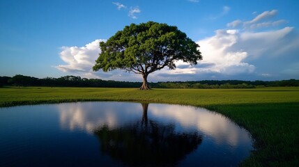 Obraz premium Lone tree reflects in tranquil pond