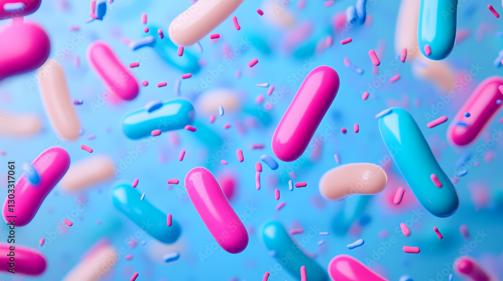 Poster microbial abstract: a vibrant, abstract close-up of colorful, floating bacteria in a dynamic, artist