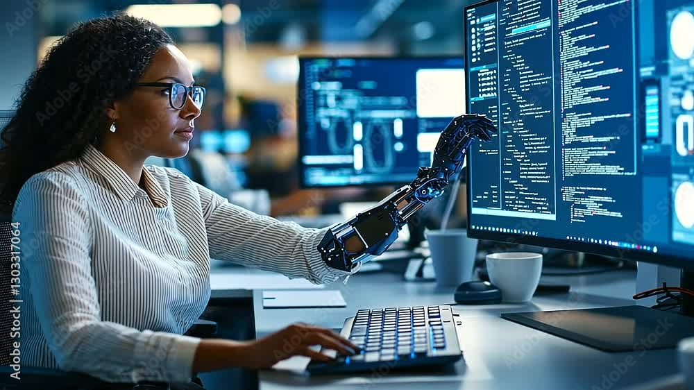 Poster showcasing the strength of women programmers with disabilities using cutting-edge technology.