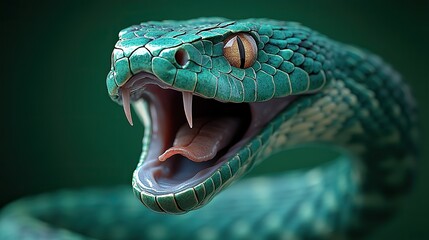 Fototapeta premium the original sin green snake with mouth open on a green background