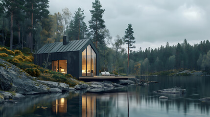 Fototapeta premium A minimalist cabin by a lake surrounded by untouched wilderness
